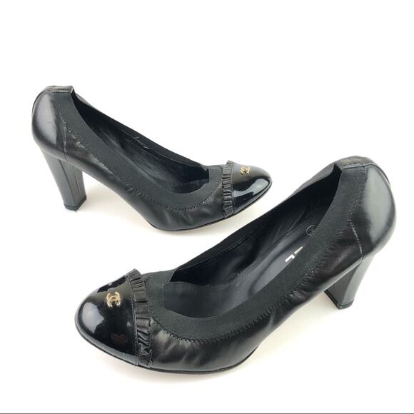 Chanel Black Lambskin Leather Ruffle CC Logo Patent Cap Toe Heels. Authentic. - Picture 1 of 14